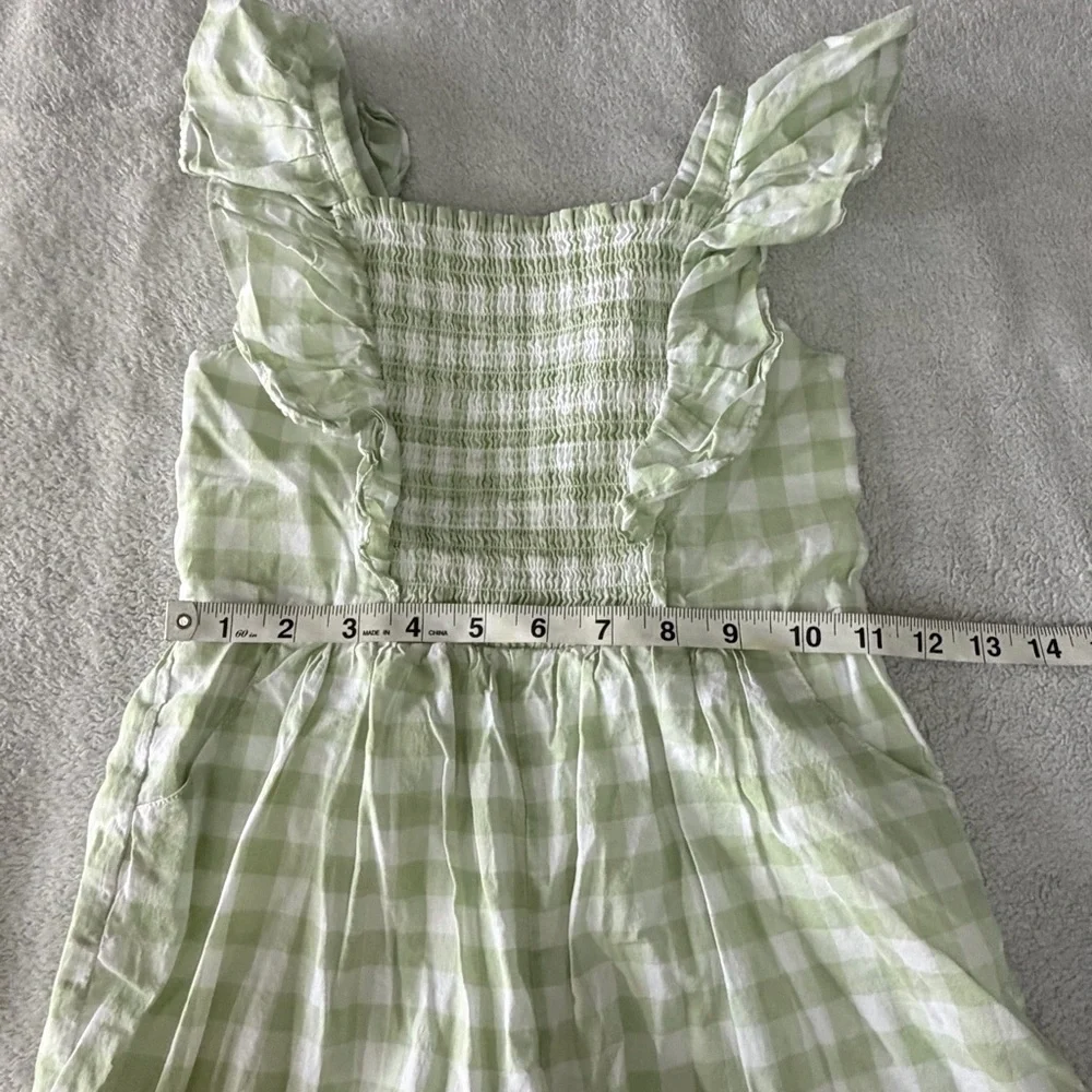 Janie and Jack | Green Gingham Smocked Romper with Ruffle Straps & Pockets | 5